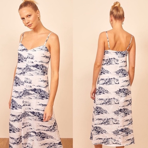 LIKE NEW 100% Linen Reformation Gisele Midi Dress Covina White Blue Size Small - Picture 13 of 13